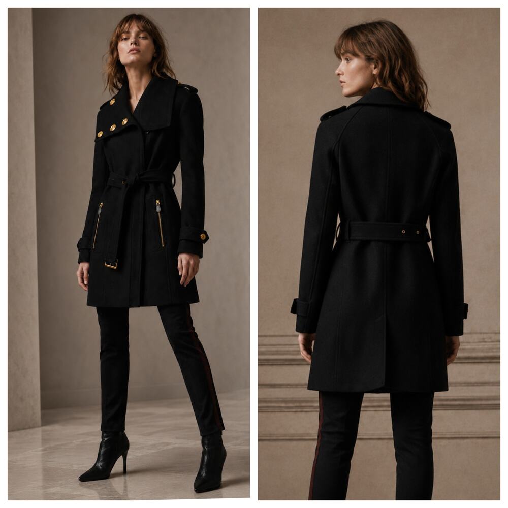 Burberry Brit Black Wool Cashmere Belted Coat Gold Hardware US 4